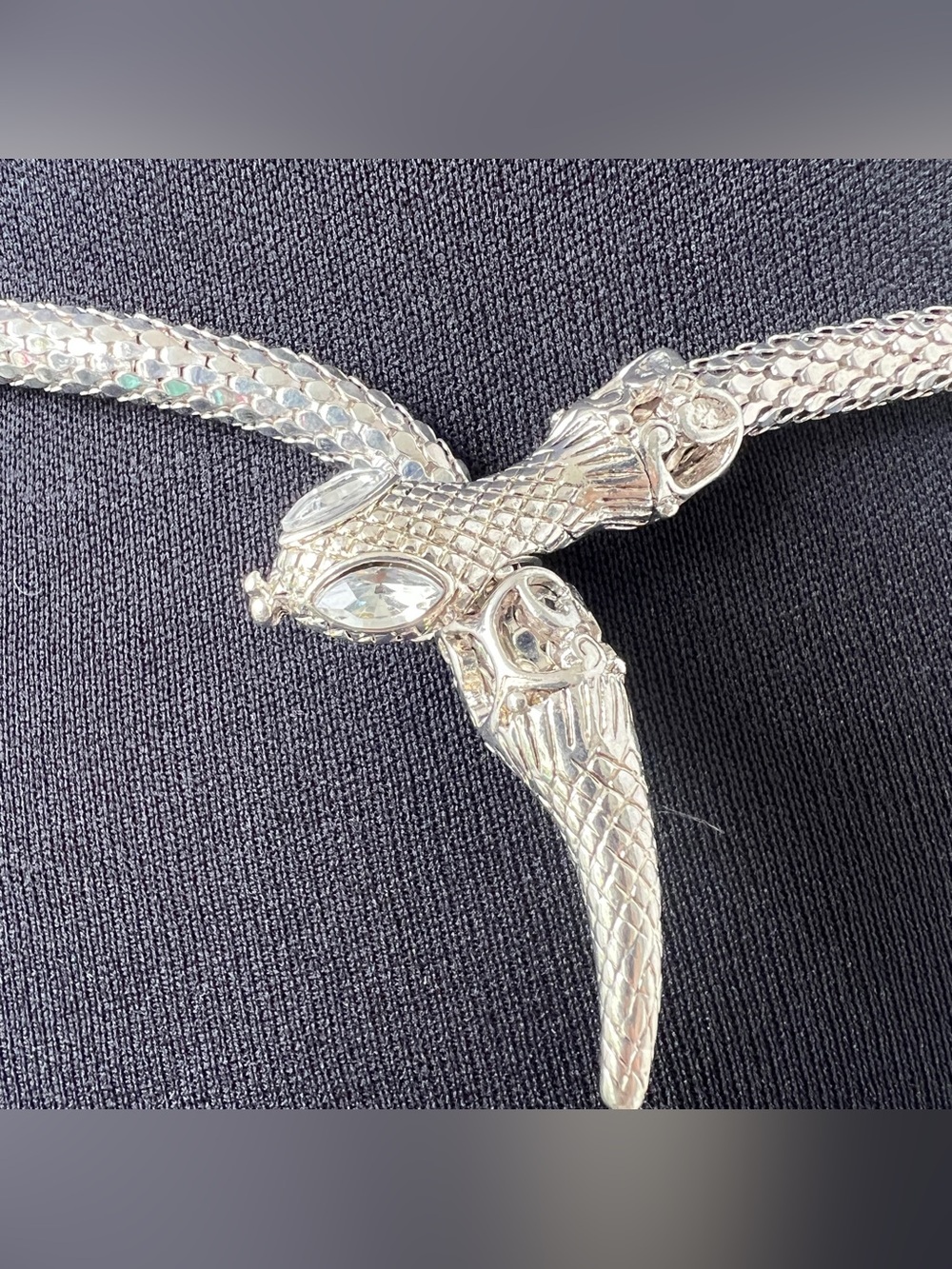 Vtg Silver Chainmail Snake Mesh Necklace Crystal Eyes Adjustable Lariat Serpent - Picture 6 of 10